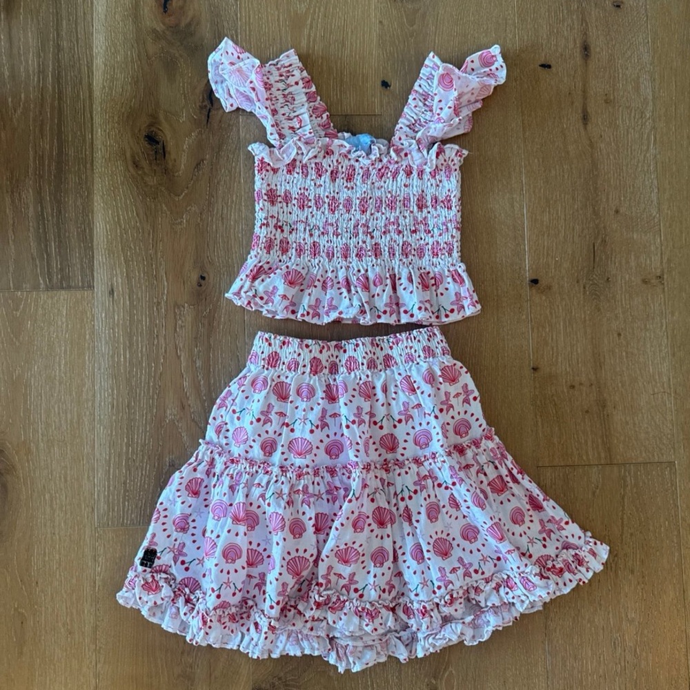 Hill House Paz Linen Mini Skirt Set Smocked Mermaid, Shells & Cherry Print